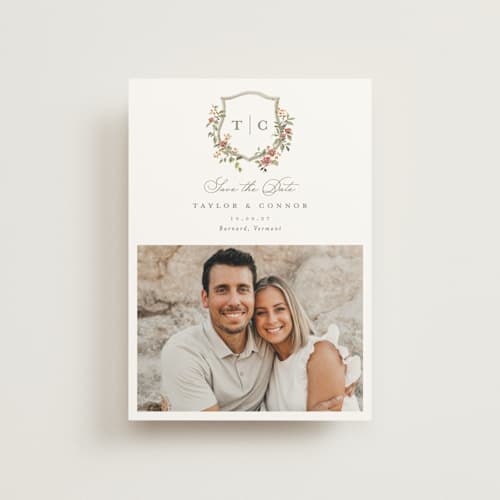 This is a mulberry save the date postcards with standard by Everett Paper Goods called foliage crest printing on signature in postcard