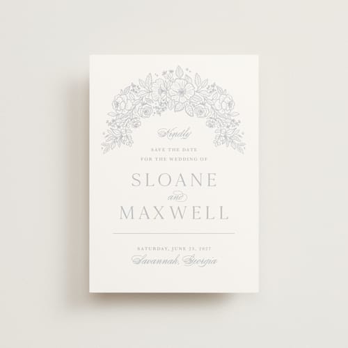 This is a powder blue save the date postcards with standard by Kristen Smith called wild roses printing on signature in postcard