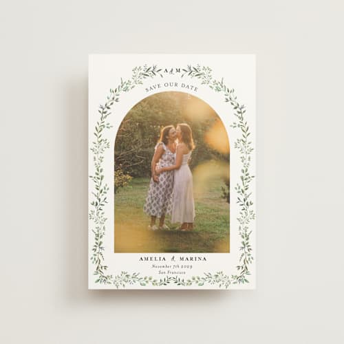 This is a mojito save the date postcards with standard by Susan Moyal called monogramed arch printing on signature in postcard