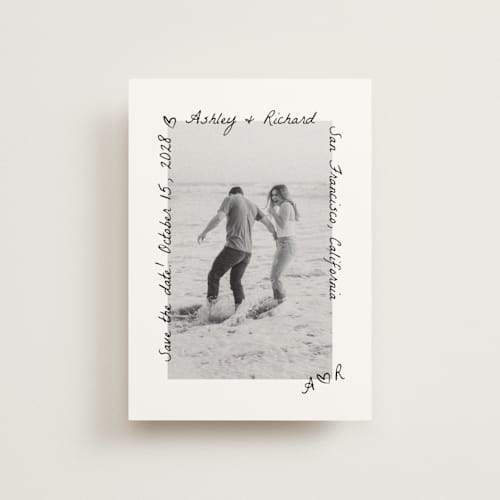 This is a graphite save the date postcards with standard by Claudia Orengo called showered printing on signature in postcard
