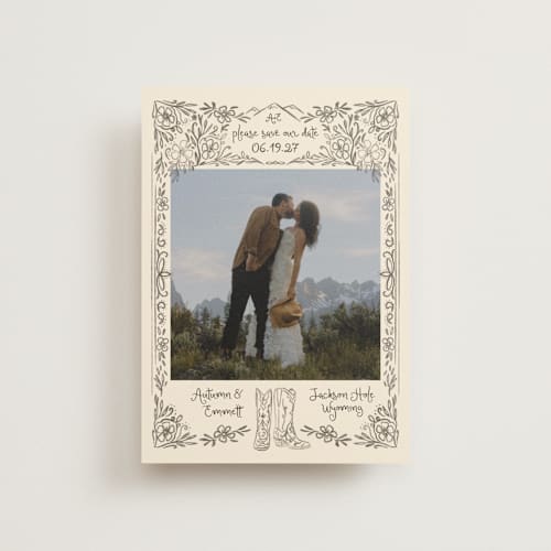 This is a leather save the date postcards with standard by Jenna Holcomb called jackson hole printing on signature in postcard
