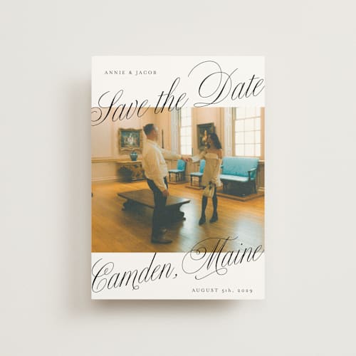 This is a snow save the date postcards with standard by Katharine Watson called bold script frame printing on signature in postcard