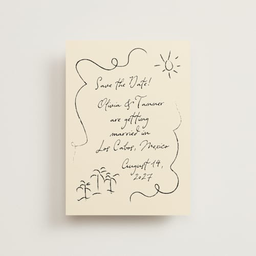 This is a sand save the date postcards with standard by Ashley Iwafuchi called sunny love printing on signature in postcard