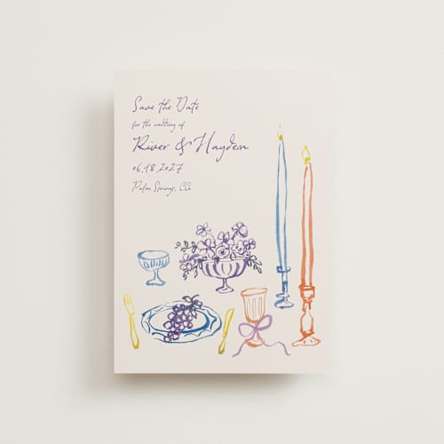 This is a hydrangea save the date postcards with standard by Cass Loh called tablescape drawing printing on signature in postcard