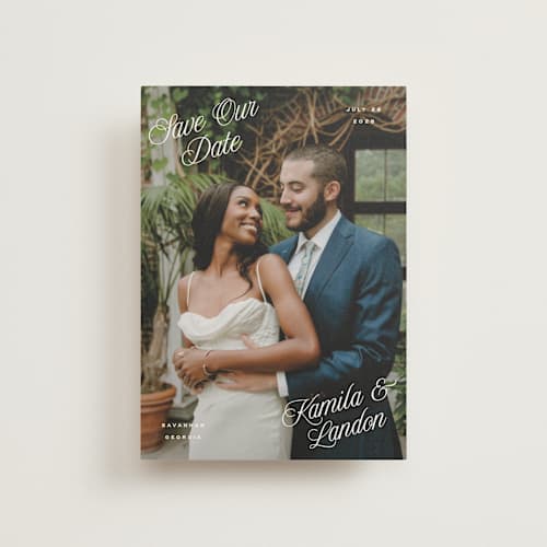 This is a cloud save the date postcards with standard by Hooray Creative called all four corners printing on signature in postcard