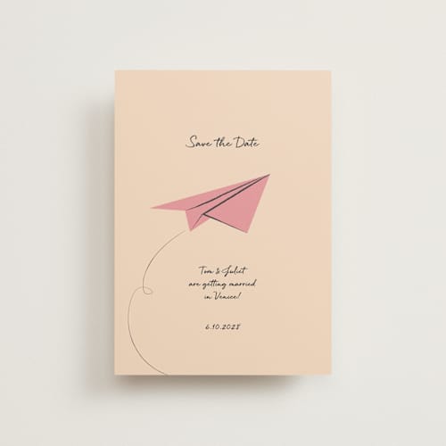 This is a strawberry save the date postcards with standard by Ani Somi called away printing on signature in postcard