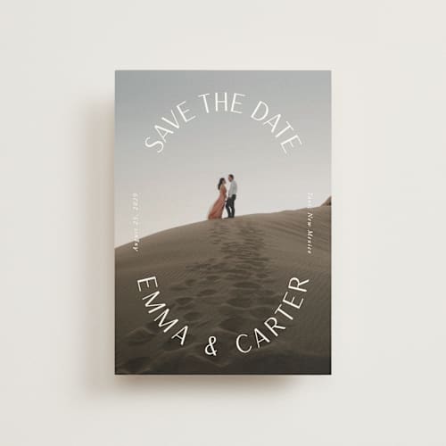 This is a pearl save the date postcards with standard by Susan Asbill called roundabout printing on signature in postcard