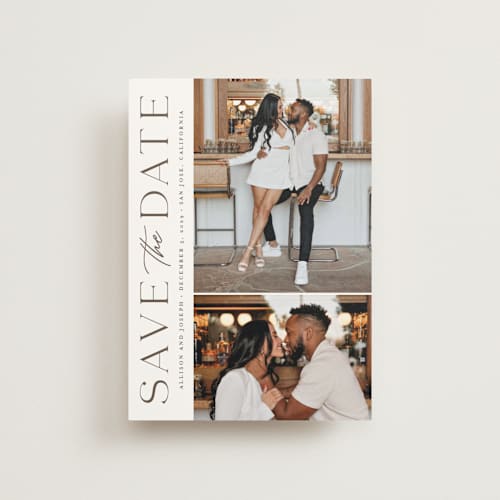 This is a taupe save the date postcards with standard by Kristen Smith called atlas printing on signature in postcard