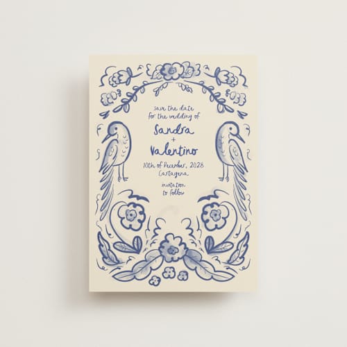 This is a marseille blue save the date postcards with standard by Ani Somi called santa catalina printing on signature in postcard