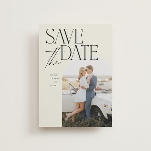 This is a ecru save the date postcards with standard by Morgan Kendall called penelope printing on signature in postcard