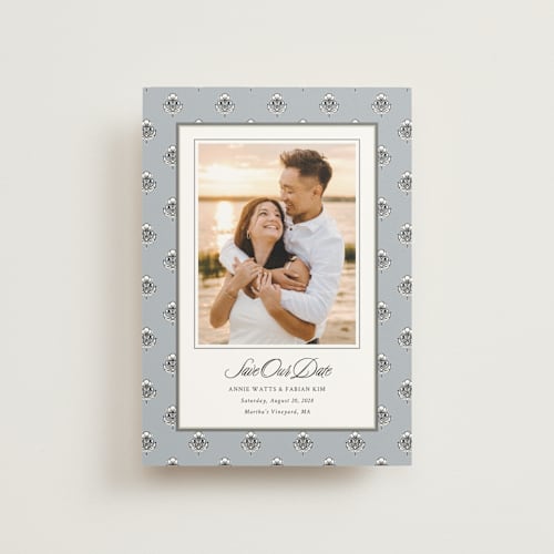 This is a classic save the date postcards with standard by Cindy Reynolds called sophisticated charm printing on signature in postcard