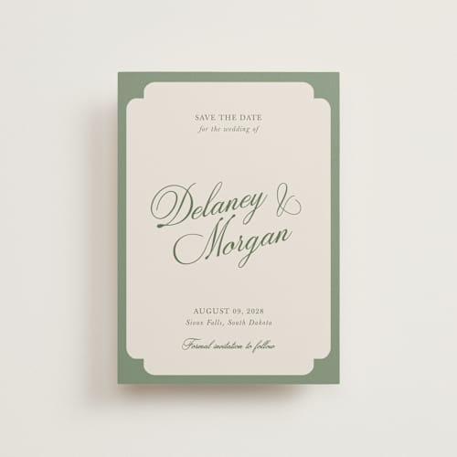 This is a olive save the date postcards with standard by Cass Loh called classic bold border printing on signature in postcard
