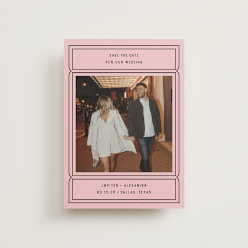 This is a gumdrop save the date postcards with standard by Pati Cascino called ticket printing on signature in postcard
