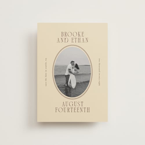 This is a buttercream save the date postcards with standard by Angela Garrick called ethan printing on signature in postcard