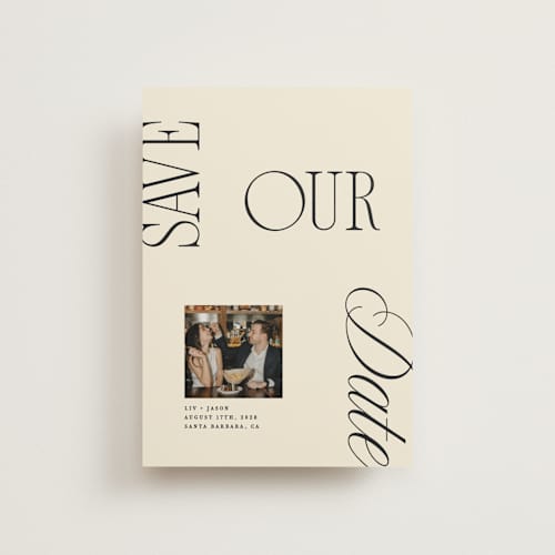 This is a buttercream save the date postcards with standard by Olivia Goree called true romance printing on signature in postcard