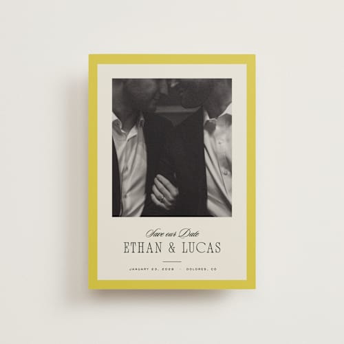 This is a citron save the date postcards with standard by Blustery August called mille-feuille printing on signature in postcard