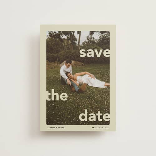This is a mint save the date postcards with standard by Lori Wemple called save.the.date printing on signature in postcard