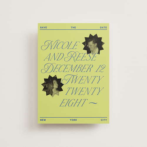 This is a chartreuse save the date postcards with standard by Jennifer Lew called communiqué printing on signature in postcard