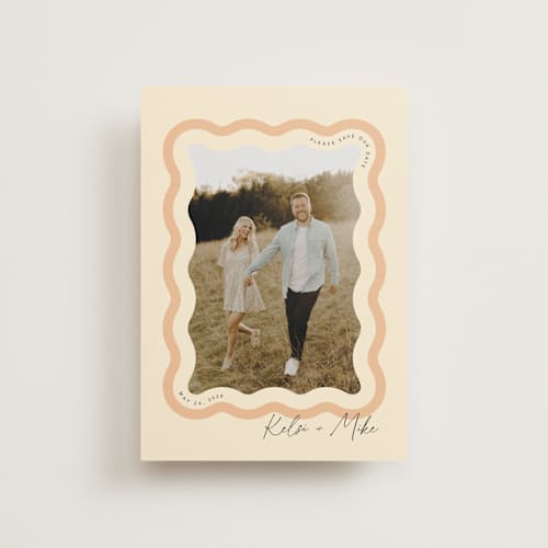 This is a seashell save the date postcards with standard by Robert and Stella called wavy printing on signature in postcard