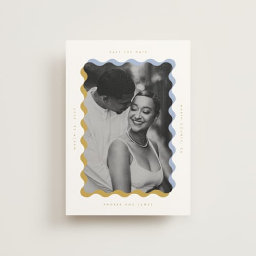 This is a aqua save the date postcards with standard by Baumbirdy called wavy frame printing on signature in postcard