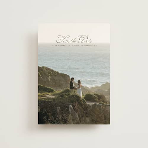 This is a moss save the date postcards with standard by Casey Miller called quiet horizon printing on signature in postcard