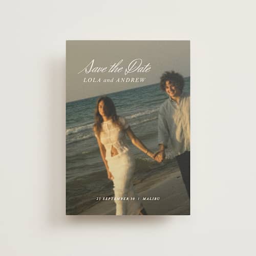 This is a pearl save the date postcards with standard by Stacey Day called essence printing on signature in postcard