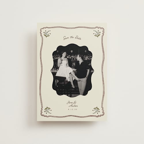 This is a wine save the date postcards with standard by Olivia Brinks called married + matted photo printing on signature in postcard