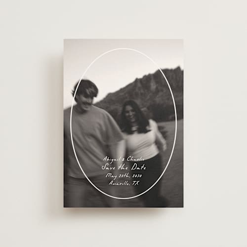 This is a parchment save the date postcards with standard by Nicole Walsh called oval frame printing on signature in postcard
