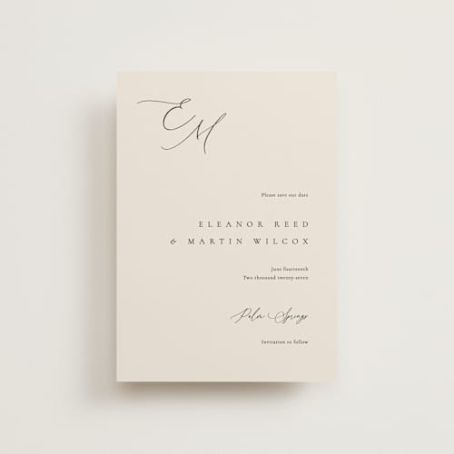 This is a linen save the date postcards with standard by Kelly Schmidt called corner printing on signature in postcard