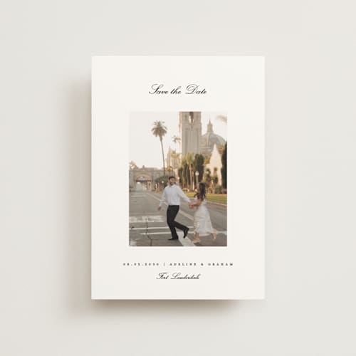 This is a snow save the date postcards with standard by Pixel and Hank called minimal printing on signature in postcard