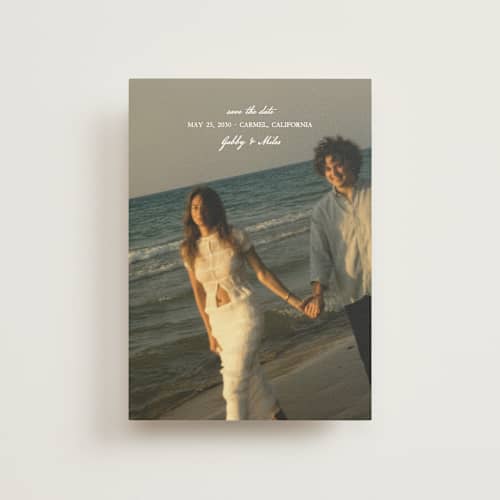 This is a snow save the date postcards with standard by Kate Ahn called alma printing on signature in postcard