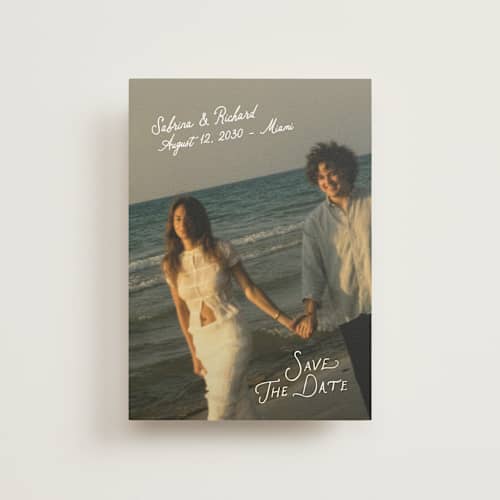 This is a moonstone save the date postcards with standard by Creo Study called slanted printing on signature in postcard