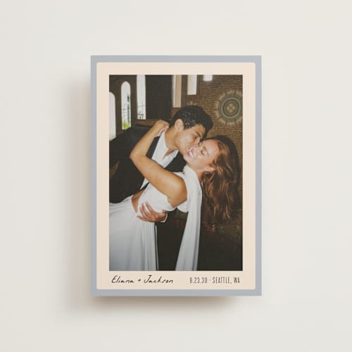 This is a sky save the date postcards with standard by Alethea and Ruth called snapshot border printing on signature in postcard