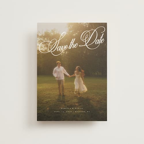 This is a porcelain save the date postcards with standard by Orasie called vintage elegant printing on signature in postcard