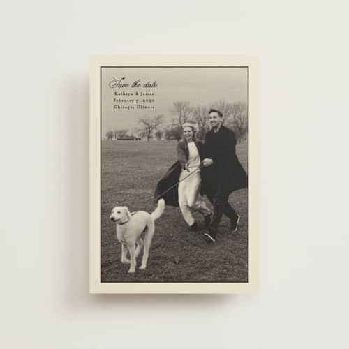 This is a chocolate save the date postcards with standard by Ellen Schlegelmilch called kathryn printing on signature in postcard