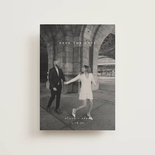 This is a cotton save the date postcards with standard by Amy Kross called veneer printing on signature in postcard
