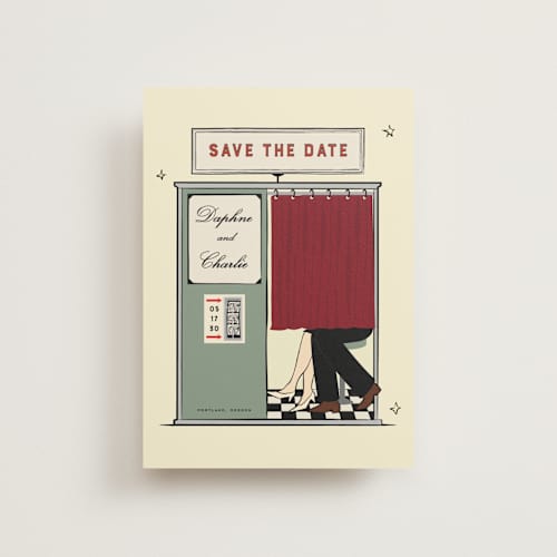 This is a vintage save the date postcards with standard by Jennifer Lew called photobooth printing on signature in postcard