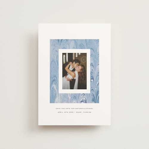 This is a sea save the date postcards with standard by Olivia Kanaley Inman called marbled printing on signature in postcard