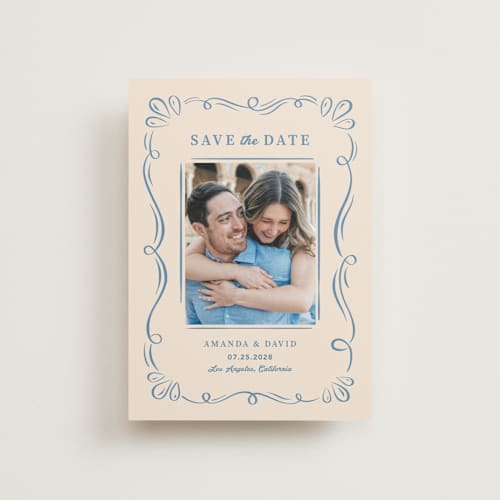 This is a dusty blue save the date postcards with standard by Lucia Saisse called happy day printing on signature in postcard