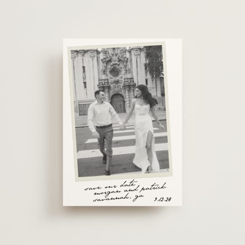 This is a ivory save the date postcards with standard by Maja Cunningham called venecia printing on signature in postcard