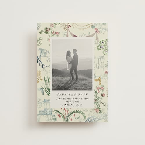 This is a nouvelle save the date postcards with standard by Sumak Studio called chinoiserie printing on signature in postcard