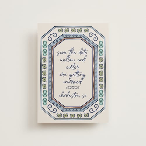 This is a neptune save the date postcards with standard by Kelly Watkins called vase printing on signature in postcard