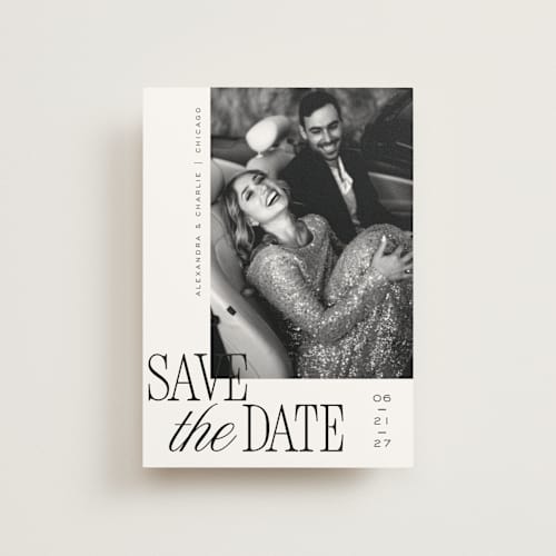 This is a pearl save the date postcards with standard by Melanie Kosuge called right side printing on signature in postcard