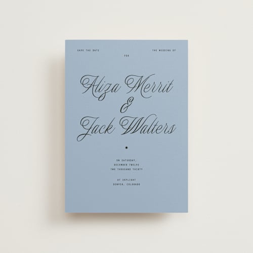 This is a sky save the date postcards with standard by Blustery August called cheers printing on signature in postcard