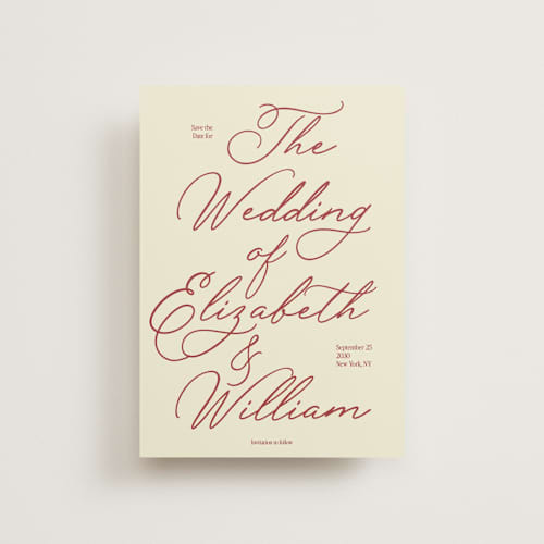 This is a burgundy save the date postcards with standard by Helena Vitto called elizabeth printing on signature in postcard