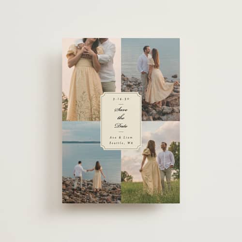 This is a cream save the date postcards with standard by Ashley Iwafuchi called vintage wishes printing on signature in postcard