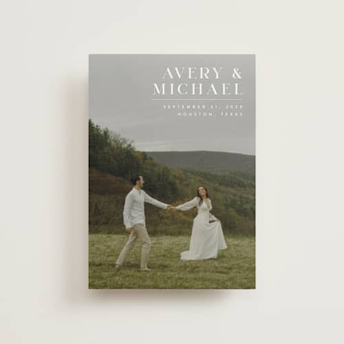 This is a ivory save the date postcards with standard by Juneau Designs called hold tight printing on signature in postcard