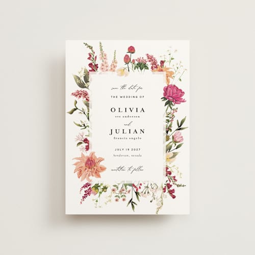 This is a magenta save the date postcards with standard by Susan Moyal called lush printing on signature in postcard