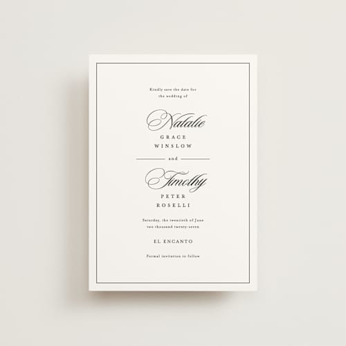 This is a noir save the date postcards with standard by Kimberly FitzSimons called sincerity printing on signature in postcard