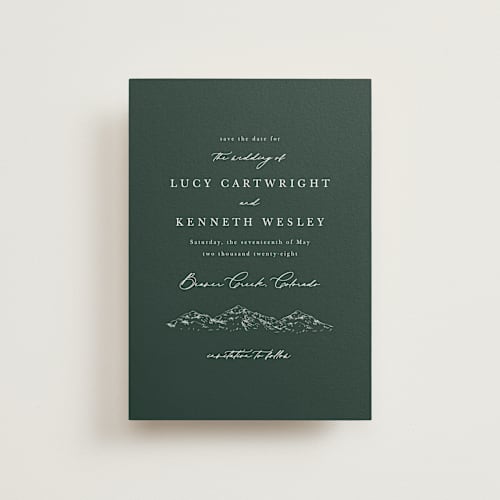 This is a evergreen save the date postcards with standard by Sarah Brown called mountainview printing on signature in postcard